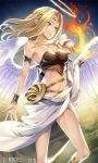  1girl angel angel_wings bare_shoulders blonde_hair collarbone fire green_eyes halo ikeda_yasuhiro lips long_hair magic midriff navel original solo tiara wings 