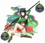  1girl arm_up armpits black_hair brown_eyes dragon elbow_gloves flower gloves guan_yinping hair_flower hair_ornament hayama_eishi long_hair mace open_mouth shin_sangoku_musou shin_sangoku_musou_7 skirt smile solo weapon 