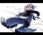  1girl action annie_leonhardt blade blonde_hair blue_eyes colored_eyelashes dcba hair_between_eyes hair_up jacket jeans jumping letterboxed shingeki_no_kyojin solo thigh_strap white_background 