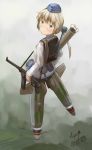  1girl ammunition artist_name blonde_hair dated garrison_cap green_eyes gun hanna_rudel hat highres kanokoga long_hair looking_at_viewer looking_back military military_uniform mp40 panzerschreck ponytail rocket_launcher scar solo strike_witches striker_unit submachine_gun uniform weapon 