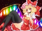  1girl armband ascot blonde_hair bow choker enonimikulen eyelashes finger_to_mouth flandre_scarlet flower glowing gradient gradient_background hair_bow hat hat_ribbon high_heels light_particles long_sleeves looking_at_viewer midriff mob_cap reclining red_eyes red_rose ribbon rose shoes short_hair side_ponytail skirt skirt_set solo thigh-highs touhou wide_sleeves wings 