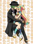  1boy 1girl artist_request background_text bell blazblue blonde_hair blush bow fedora fingerless_gloves gloves green_eyes green_hair hair_bow hairband hat hazama heart heart-shaped_pupils highres long_hair low-tied_long_hair necktie platinum_the_trinity quad_tails ribbon short_hair sitting sitting_on_lap sitting_on_person skirt smile symbol-shaped_pupils two_side_up very_long_hair 