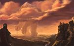  armor clouds fantasy giant_monster landscape size_difference 