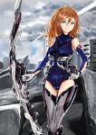  1girl armor blue_eyes bodysuit bow_(weapon) breasts brown_hair elbow_gloves gloves hand_on_hip highres saikin tagme thigh-highs weapon 