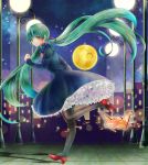 1girl cityscape dress floating_hair green_eyes green_hair hair_ribbon hatsune_miku high_heels highres lamppost long_hair origami pantyhose paper_crane petticoat ribbon running shoes sky solo star star_(sky) starry_sky twintails very_long_hair vocaloid 