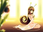  1girl bail bare_shoulders blurry brown_hair collarbone cup depth_of_field dress drinking earrings green_eyes holding jewelry kneeling long_hair looking_at_viewer minigirl original personification reflection seiza sitting snail solo straw 