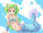  fish_tail green_hair highres jewelry long_hair lying mermaid midriff monster_girl muromi-san namiuchigiwa_no_muromi-san necklace open_mouth red_eyes scales seashell shell smile twintails 