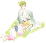  1boy 1girl amaimon ao_no_exorcist artist_request barefoot blonde_hair blush bob_cut flower grass japanese_clothes kimono lying moriyama_shiemi nature pointy_ears sitting sleeping yukata 