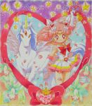  1girl arm_up bishoujo_senshi_sailor_moon brooch chibi_usa choker crystal_carillon double_bun elbow_gloves flower gloves hair_ornament hairpin horn jewelry magical_girl mikiky orange_eyes pegasus pegasus_(sailor_moon) petals pink_hair red_eyes ribbon sailor_chibi_moon sailor_collar short_hair skirt smile star super_sailor_chibi_moon traditional_media twintails white_gloves 