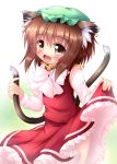  1girl animal_ears blush bow brown_hair cat_ears cat_tail chen dress dress_lift fang frilled_dress frills hat high_collar jewelry kane-neko long_sleeves looking_at_viewer multiple_tails open_mouth red_dress single_earring smile solo tail tail_grab touhou 