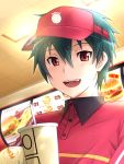  1boy black_hair brand_name_imitation drink food hamburger hataraku_maou-sama! male maou_sadao mcdonald&#039;s menu mie_(pome_no_ki) red_eyes solo straw visor_cap 