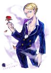  1boy blonde_hair blue_eyes flower formal jojo_no_kimyou_na_bouken prosciutto red_rose rose s-12pot smoke solo suit 