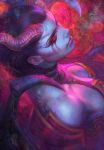  1girl akasha_the_queen_of_pain bare_shoulders black_hair blue_hair blue_skin breasts demon_girl demon_wings dota_2 highres horns large_breasts light_smile lips long_hair looking_at_viewer red_eyes solo stanley_lau succubus wings 
