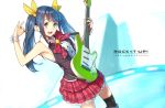  1girl blue_hair efmoe guitar highres instrument long_hair open_mouth original plectrum skirt sleeveless smile solo thigh-highs twintails 