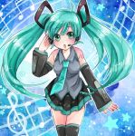  1girl ahoge detached_sleeves green_eyes green_hair haru_(manhoul) hatsune_miku headset long_hair musical_note necktie open_mouth skirt solo star twintails very_long_hair vocaloid 