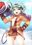  1girl :d bazooka belt breasts breasts_apart christinya clouds gloves goggles goggles_on_head green_eyes green_hair gun hand_on_hip highres league_of_legends looking_at_viewer no_bra open_clothes open_mouth open_shirt panties pointy_ears short_hair sky smile solo tristana underwear weapon 