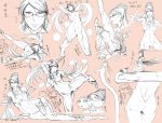  1girl ass back bayonetta bayonetta_(character) beehive_hairdo bodysuit breasts character_sheet chibi_inset douganebuibui glasses gun hair_ribbon highres jeanne_(bayonetta) kicking large_breasts lips long_hair mole monochrome on_side pinky_out quadruple_wielding reclining ribbon semi-rimless_glasses solo solo_focus under-rim_glasses weapon 