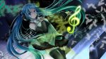  1girl aqua_hair blue_eyes bowtie detached_sleeves hand_on_own_chest hatsune_miku headphones highres long_hair mariwai_(marireroy) musical_note outstretched_arm skirt solo thigh-highs twintails very_long_hair vocaloid 
