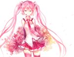  1girl detached_sleeves flower hatsune_miku headset long_hair pink_eyes pink_hair sakura_miku skirt solo teki_(kakari) thigh-highs twintails very_long_hair vocaloid 
