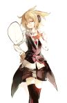  ... 1girl alternate_costume black_legwear bracelet brown_eyes brown_hair cercis earmuffs hand_on_hip jewelry necktie parted_lips rough short_hair shorts simple_background smile solo thigh-highs touhou toyosatomimi_no_miko vest white_background wink 
