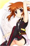  1girl arm_up armpits belt blush brown_hair cosplay fate_testarossa fate_testarossa_(cosplay) kotaka leotard lyrical_nanoha magic_circle mahou_shoujo_lyrical_nanoha mahou_shoujo_lyrical_nanoha_a&#039;s mahou_shoujo_lyrical_nanoha_the_movie_2nd_a&#039;s skirt smile solo takamachi_nanoha thigh-highs twintails violet_eyes 