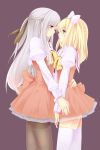  2girls black_legwear blonde_hair bow dress eye_contact green_eyes hair_bow highres long_hair looking_at_another michu_love multiple_girls original pantyhose parted_lips purple_background silver_hair simple_background thigh-highs violet_eyes white_legwear yuri 