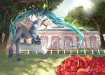  1girl aqua_eyes aqua_hair artist_name dated detached_sleeves etin floating_hair flower hatsune_miku long_hair mary_janes necktie outstretched_arm rose shoes skirt solo swing swinging thigh-highs tree twintails very_long_hair vocaloid 