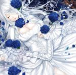  1girl album_cover apt blue_rose breasts cleavage closed_eyes corset cover crystal dress flower hair_over_one_eye juliet_sleeves large_breasts lolita_fashion long_hair long_sleeves original petals puffy_sleeves rose silver_hair solo very_long_hair white_dress wide_sleeves 