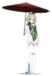  1girl alternate_costume blush boots green_hair hand_on_thigh hat hyouju_issei looking_at_viewer oriental_umbrella racequeen red_eyes short_hair simple_background soga_no_tojiko solo thigh-highs thigh_boots touhou umbrella white_background 