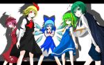  &gt;:d 5girls :d :o androgynous animal_ears antennae arm_garter arms_behind_back ascot blonde_hair blue_dress blue_eyes blue_hair bow cape cirno crossed_arms daiyousei dress dress_shirt fairy_wings feathers frills green_eyes green_hair hair_bow hand_on_hip hand_on_own_chest highres letterboxed light_smile long_sleeves looking_at_viewer low_wings multiple_girls mystia_lorelei pink_eyes pink_hair profile red_dress red_eyes rumia s-ghost shadow shirt short_hair short_sleeves side_ponytail simple_background skirt skirt_set team_9 touhou vest white_background white_shirt winged_hat wings wriggle_nightbug 