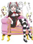  bird brown_eyes capelet chair crossed_legs dress drill_hair gloves grey_hair hair_ribbon idolmaster idolmaster_cinderella_girls kanzaki_ranko owl poponpin ribbon sitting smile striped striped_legwear twin_drills 