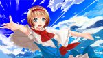  1girl alice_margatroid blonde_hair blue_eyes cape frills hairband highres outstretched_arms pino_(birthdayparty) short_hair sky solo touhou 