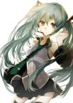  1girl detached_sleeves green_hair hatsune_miku headset long_hair necktie skirt solo thigh-highs twintails very_long_hair vocaloid white_background yahhooooi 