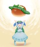  1girl arms_up backpack bag blue_hair bread cucumber dress food furim gradient gradient_background hair_bobbles hair_ornament hat kawashiro_nitori key lettuce long_sleeves looking_up open_hands open_mouth oversized_object pigeon-toed pink_eyes pocket rubber_boots sandwich short_hair solo strap tongue touhou twintails 