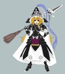  1girl adapted_costume armor blonde_hair broom brown_eyes cape chain frills gauntlets helmet kirisame_marisa long_hair open_mouth simple_background solo takemori_shintarou touhou weapon 
