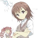  2girls brown_eyes brown_hair core_(mayomayo) long_hair misaka_mikoto multiple_girls school_uniform shirai_kuroko short_hair sweater_vest to_aru_kagaku_no_railgun to_aru_majutsu_no_index twintails 