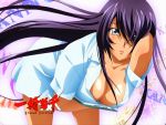  1girl bent_over blue_eyes breasts cleavage clipboard hair_over_one_eye ikkitousen ikkitousen_xtreme_xecutor kan&#039;u_unchou long_hair nurse open_mouth purple_hair skirt solo very_long_hair 