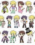  blonde_hair brown_hair bubble caesar_anthonio_zeppeli chibi cloak comic dress facial_mark fork formal green_eyes hat jacket jojo_no_kimyou_na_bouken joseph_joestar_(young) leotard midriff multiple_persona pasta posing purple_hair scarf suit suspenders tileable top_hat wet young yuzuru_(xxelysionxx) 