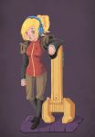  1girl armor blonde_hair blush breasts brown_eyes ear_protection estampita full-length_zipper headphones huge_weapon lipstick makeup pants pauldrons robin_(the_iconoclasts) simple_background solo the_iconoclasts weapon wrench zipper 