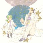  1boy 1girl black_hair boots child constellation dekopin08 double_bun father_and_daughter green_hair jojo_no_kimyou_na_bouken kuujou_jolyne kuujou_joutarou long_coat star_(sky) young 