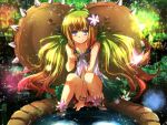  1girl blonde_hair brown_hair duel_monster flower gradient_hair green_hair hair_ornament kazuura_the_fascinating_fiend long_hair mugicha_(sukimachaya) multicolored_hair orange_hair panties plant redhead sitting underwear water yuu-gi-ou 