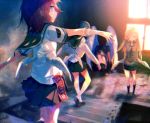  4girls bandages blonde_hair blue_eyes blurry depth_of_field from_behind hair_over_one_eye long_hair looking_back low_wings multiple_girls multiple_wings original outstretched_arms redhead school_uniform serafuku shiranori short_hair spread_arms stairs white_wings window wings 