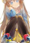  black_legwear blue_eyes brown_hair double_bun long_hair mei_(pokemon) namie-kun pantyhose pokemon pokemon_(game) pokemon_bw2 shoes shorts sitting twintails 