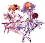  2girls ahoge blonde_hair bodysuit bouquet breasts center_opening cleavage dress fate/extra fate/extra_ccc fate_(series) flower gloves green_eyes hair_ribbon multiple_girls ponytail ribbon saber saber_bride saber_lily surumeider sword thigh-highs veil weapon 