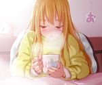 1girl blonde_hair closed_eyes cup k-on! kotobuki_tsumugi long_hair mug steam sweater tateshina 