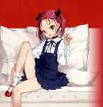  1girl :d absurdres accel_world blue_panties bow bow_panties choker cover cover_page cropped detexted hair_bow highres kouzuki_yuniko mary_janes ooyari_ashito open_mouth panties panties_removed pillow red_eyes redhead shoes sitting smile solo twintails underwear white_panties 