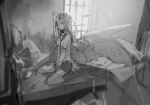  1girl angel_wings bandages bed between_thighs eyepatch greyscale long_hair looking_at_viewer monochrome no_shoes original school_uniform serafuku shiranori sitting solo v_arms wariza white_wings window wings 