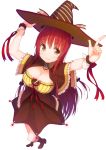  1girl breasts brown_eyes character_request cleavage from_above hat long_hair pointing pointing_up redhead shiva_(executor) simple_background smile solo white_background witch_hat 
