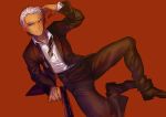  1boy archer dark_skin fate/stay_night fate_(series) formal furon_(froon) grey_eyes gun hair_slicked_back solo suit weapon white_hair 