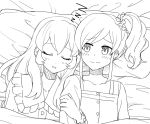  2girls aikatsu! arm_hug blush couple happy hoshimiya_ichigo kiriya_aoi lineart long_hair lying multiple_girls pajamas pillow ponytail side_ponytail sketch sleeping smile yoban yuri z 